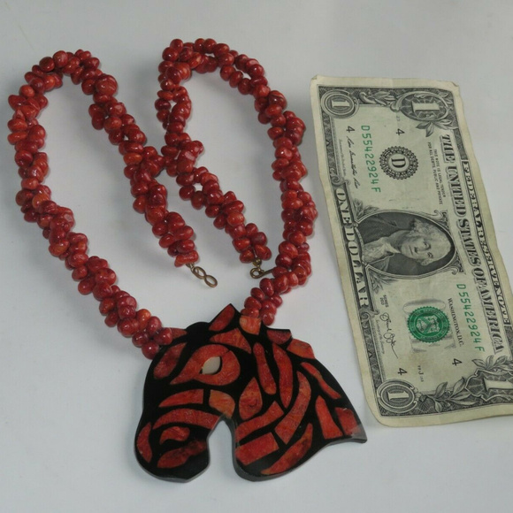 Vintage Red Coral Zebra Bead Animal Necklace - Picture 2 of 5